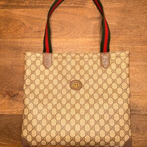 Gucci Beige GG Canvas Tote with Green and Red Web Straps